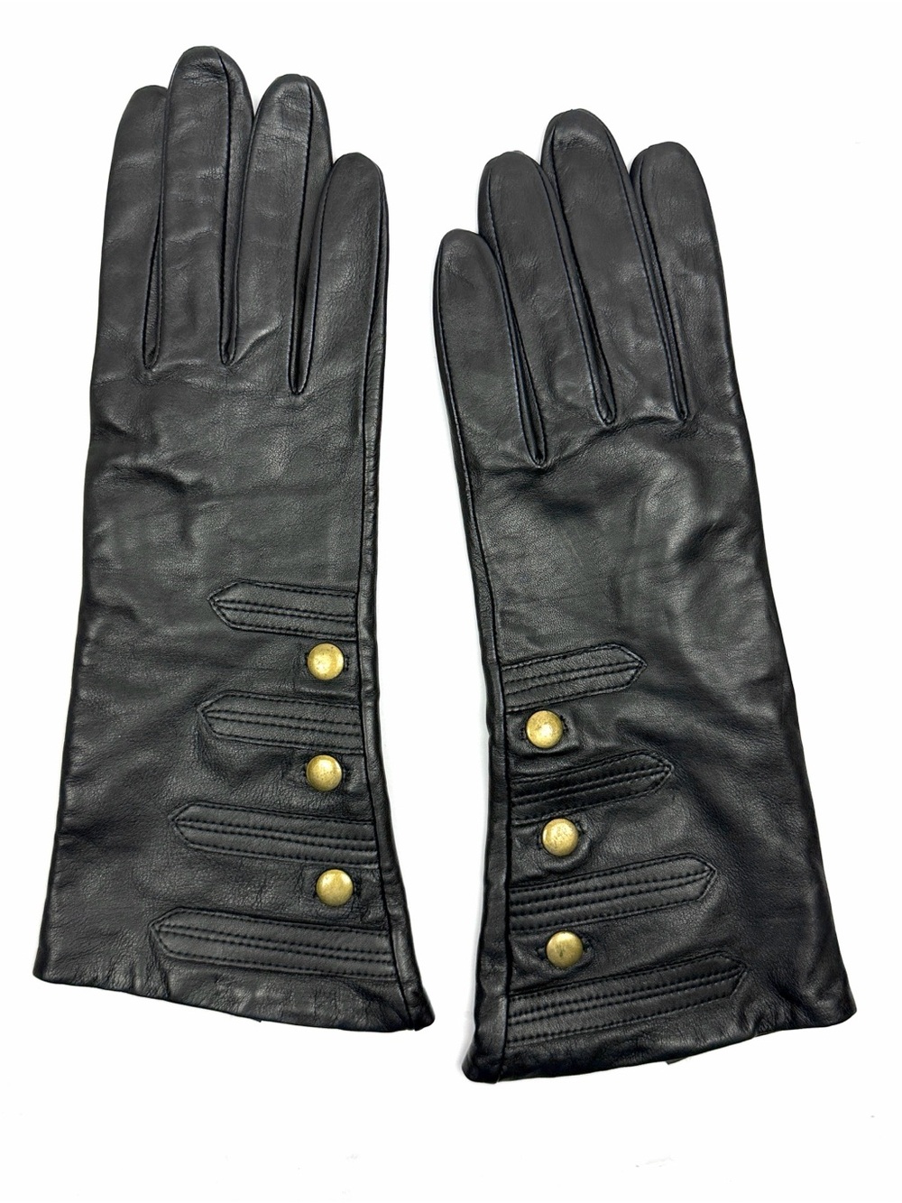 Mercer & Madison Black Leather Gloves Silk Lined XL 12” Long Brass Stud Accent